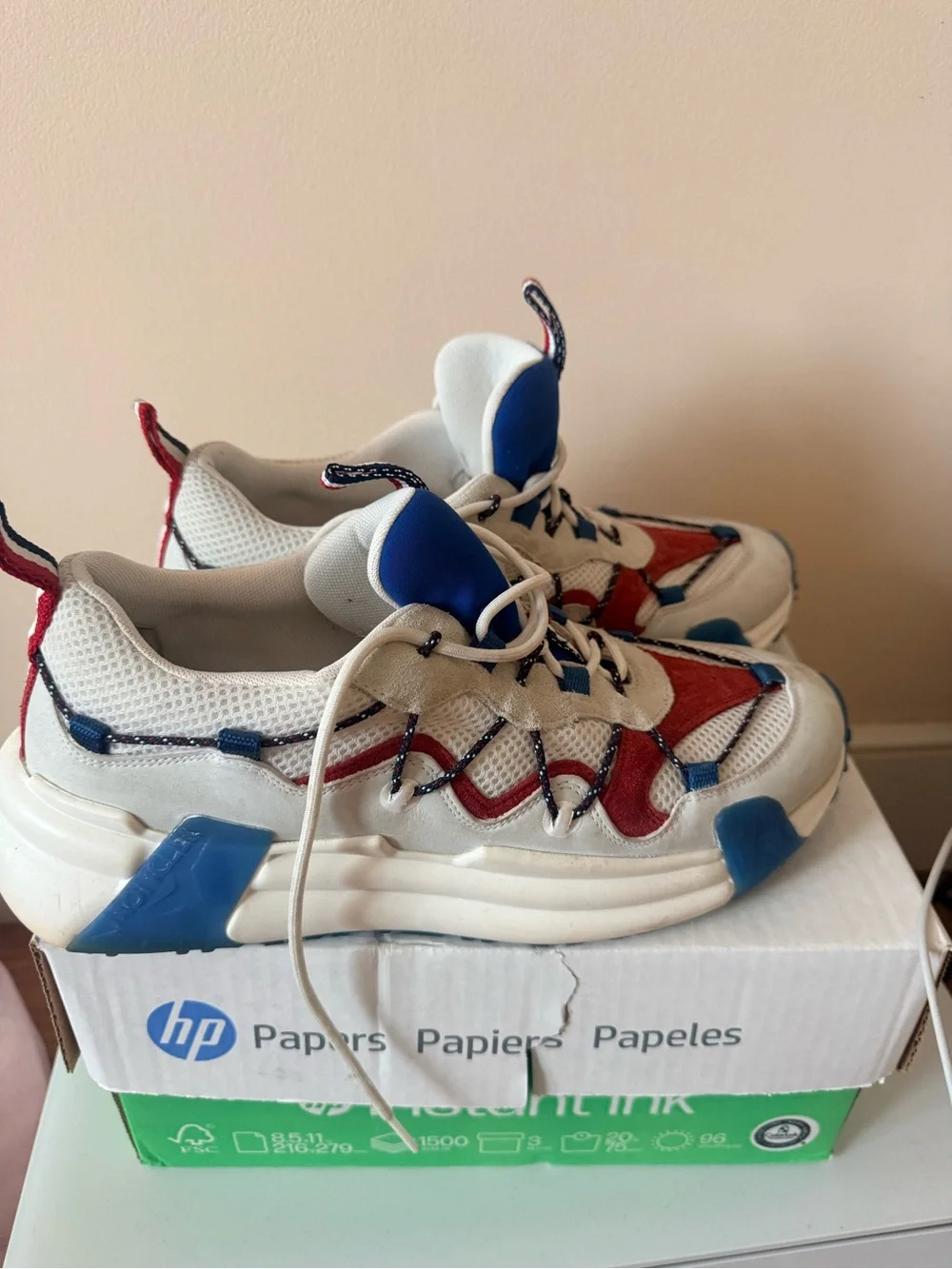 Moncler White, Red & Blue Chunky Lace-Up Sneakers